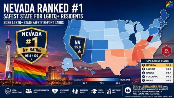 Infographic showing Nevada ranked number one with a 95.8 score in the 2026 LGBTQ State Safety Report Cards.