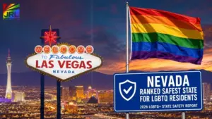 Las Vegas skyline and Pride flag representing Nevada's ranking as the safest state for LGBTQ residents in the 2026 LGBTQ State Safety Report.