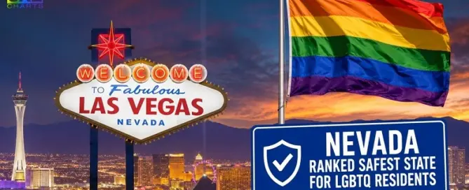 Las Vegas skyline and Pride flag representing Nevada's ranking as the safest state for LGBTQ residents in the 2026 LGBTQ State Safety Report.