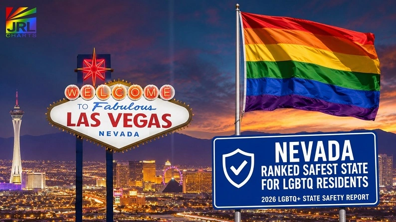 Las Vegas skyline and Pride flag representing Nevada's ranking as the safest state for LGBTQ residents in the 2026 LGBTQ State Safety Report.