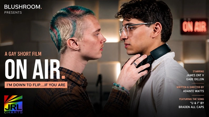 Promotional artwork for ON AIR, the acclaimed LGBTQ short film from Blushroom starring James Ent V and Gabe Dillon