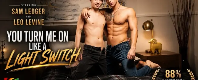 Sam Ledger and Leo Levine star in You Turn Me On Like A Light Switch, the acclaimed 2026 release that earned an 88 percent five-star viewer rating.