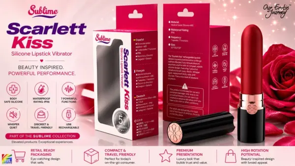 OEJ Novelty Scarlett Kiss Lipstick Vibrator retail packaging showcasing premium shelf-ready presentation, multilingual packaging, and luxury beauty-inspired branding.