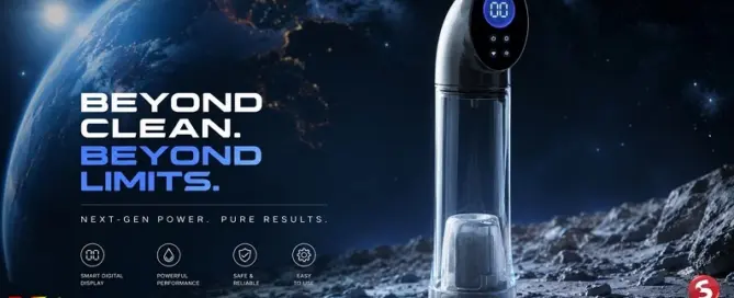 SHOTS America PUMPED Hyperscope auto-rechargeable men's wellness device showcased in a premium retail display highlighting advanced technology, rechargeable performance, and specialty retail appeal.