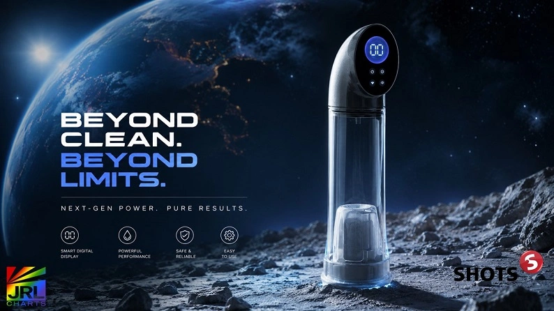 SHOTS America PUMPED Hyperscope auto-rechargeable men's wellness device showcased in a premium retail display highlighting advanced technology, rechargeable performance, and specialty retail appeal.