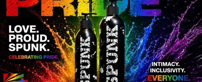SPUNK Lube Pride Month 2026 campaign featuring FDA-cleared hybrid lubricant bottles with rainbow Pride colors celebrating inclusion, intimacy and self-expression.