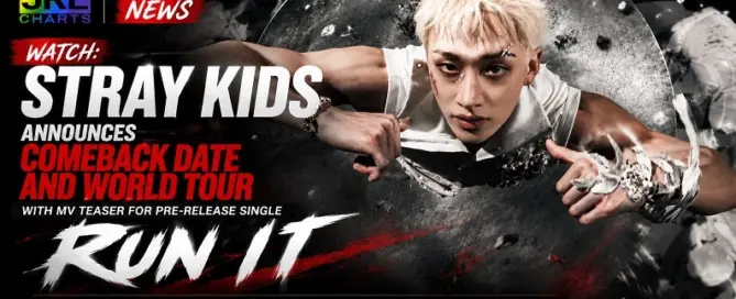Stray Kids members featured in promotional artwork announcing the RUN IT pre-release single, THIS & THAT album, and upcoming world tour.