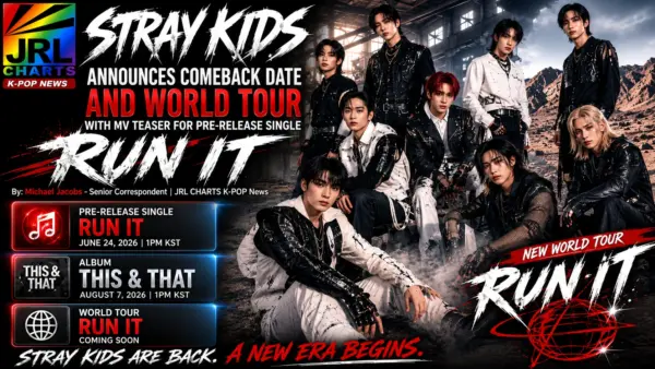 Stray Kids promotional artwork announcing the RUN IT pre-release single, THIS & THAT album, and upcoming world tour featured in JRL CHARTS K-POP News coverage.