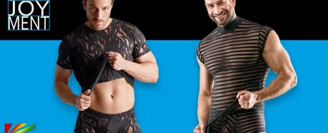 Models showcase new Svenjoyment men's fashion outfit combinations featuring burnout and striped stretch fabric designs.