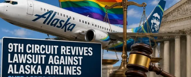 Illustration of an Alaska Airlines jet with courthouse, gavel, scales of justice, and Pride flag representing the revived federal lawsuit involving LGBTQ workplace policy.