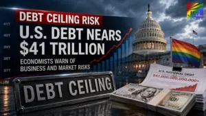Illustration of the U.S. Capitol, rising debt charts, and financial markets as economists warn about the approaching $41 trillion debt ceiling and potential risks for businesses and investors.