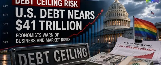Illustration of the U.S. Capitol, rising debt charts, and financial markets as economists warn about the approaching $41 trillion debt ceiling and potential risks for businesses and investors.