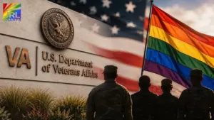 Department of Veterans Affairs headquarters with military service members and LGBTQ pride flag illustrating policy changes affecting VA LGBTQ care coordinators and veteran healthcare programs.