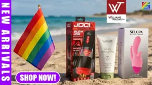 Williams Trading Pride Month New Arrivals showcase featuring JOCK Advanced, Wicked Sensual Care, and SELOPA products for retailers.