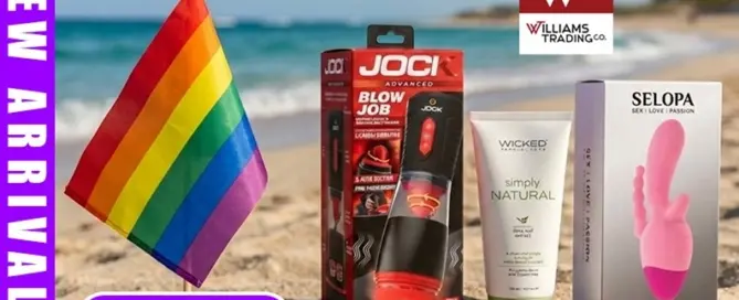 Williams Trading Pride Month New Arrivals showcase featuring JOCK Advanced, Wicked Sensual Care, and SELOPA products for retailers.