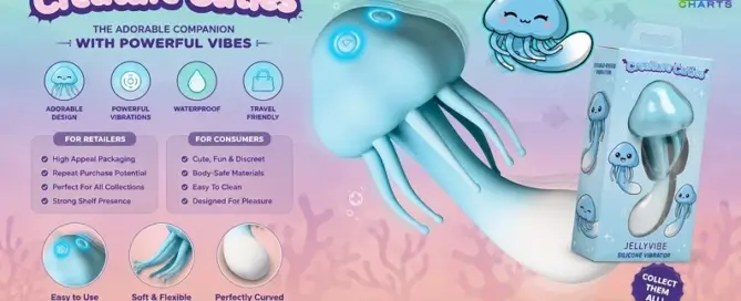 XR Brands Jellyvibe Silicone Vibrator from the Creature Cuties Collection featuring dual independent motors, waterproof design and retailer-friendly packaging.