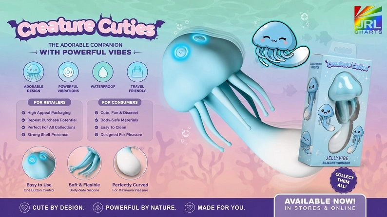 XR Brands Jellyvibe Silicone Vibrator from the Creature Cuties Collection featuring dual independent motors, waterproof design and retailer-friendly packaging.