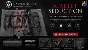 XR Brands Scarlet Seduction Travel Set featuring premium leather restraints and travel-ready storage case from the Master Series collection