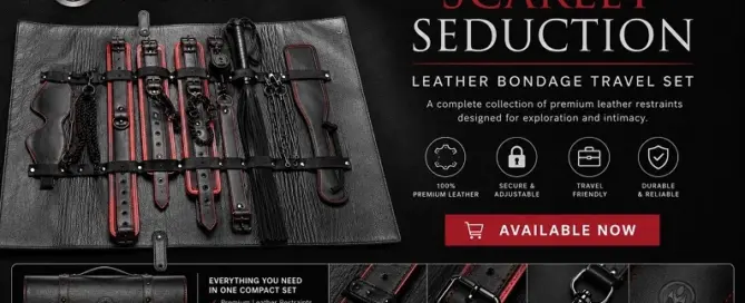 XR Brands Scarlet Seduction Travel Set featuring premium leather restraints and travel-ready storage case from the Master Series collection