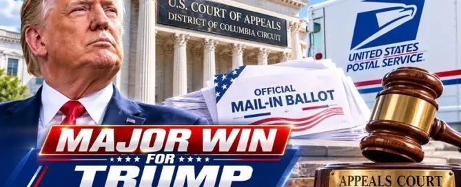 President Donald Trump appears alongside a USPS truck, mail-in ballots, a federal appeals court building and a judge’s gavel after the court lifted a block on the USPS ballot proposal.