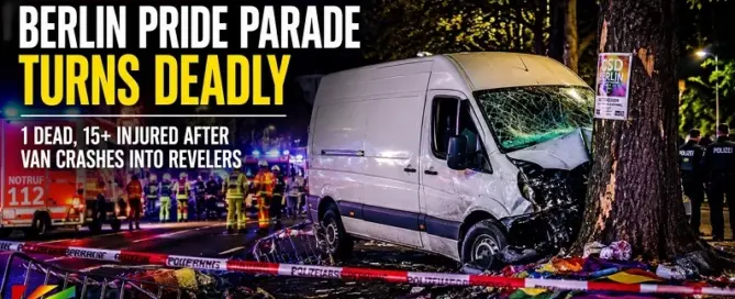 Emergency responders surround a crashed white van at the Berlin Pride Parade after a deadly vehicle attack left one person dead and multiple others injured during Christopher Street Day celebrations.