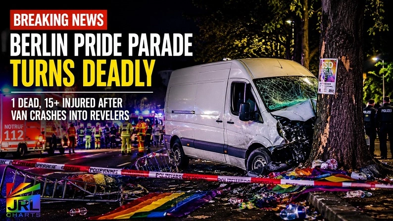 Emergency responders surround a crashed white van at the Berlin Pride Parade after a deadly vehicle attack left one person dead and multiple others injured during Christopher Street Day celebrations.