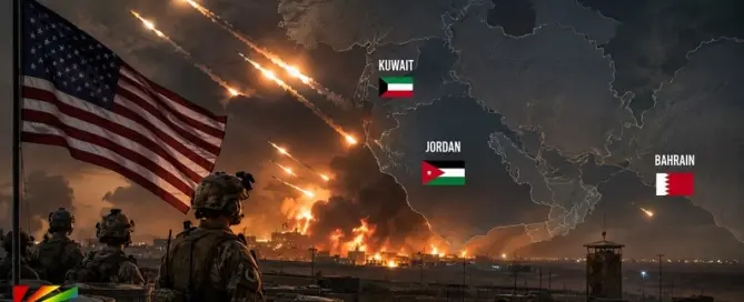 Cinematic illustration of U.S. military forces as Iran launches retaliatory missile strikes across Jordan, Bahrain, and Kuwait amid escalating regional conflict.