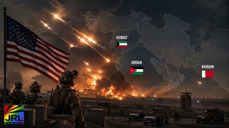 Cinematic illustration of U.S. military forces as Iran launches retaliatory missile strikes across Jordan, Bahrain, and Kuwait amid escalating regional conflict.