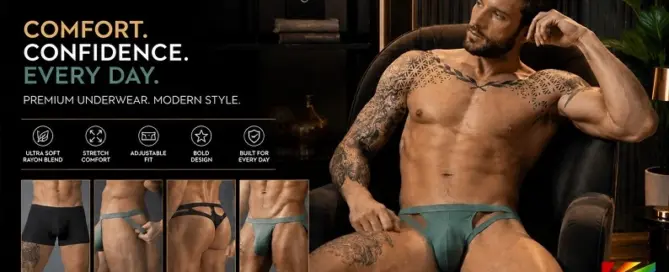 Male Power premium men's underwear collection featuring luxury rayon-blend boxer briefs, briefs and thongs designed for comfort, stretch and modern retail fashion.