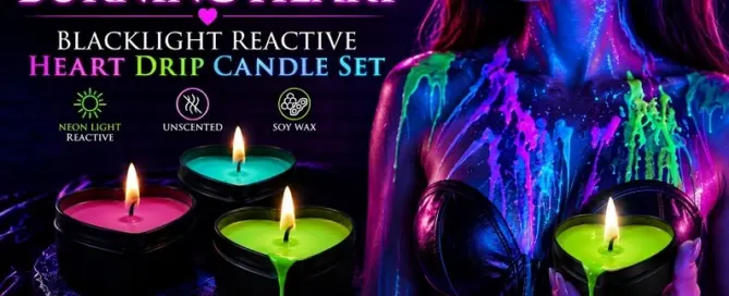 Master Series Burning Heart Blacklight Reactive Heart Drip Candle Set by XR Brands featuring UV-reactive neon heart candles designed for specialty wellness retailers.