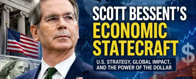 Scott Bessent discusses American economic statecraft as the image highlights U.S. Treasury policy, global trade, financial markets, and the international role of the U.S. dollar.