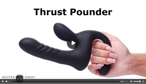 Product demonstration of the XR Brands Master Series Thrust Pounder Thrusting Silicone Vibrator highlighting its automatic thrusting and rechargeable design.