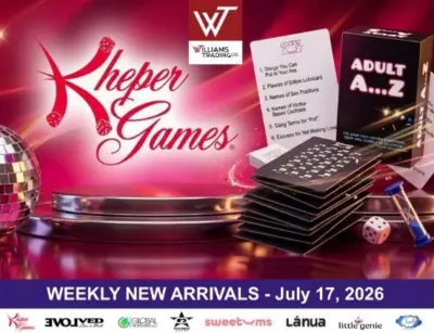 Williams Trading digital catalog promoting the Keeper Games Adult A...Z party game and Weekly New Arrivals for July 17, 2026.
