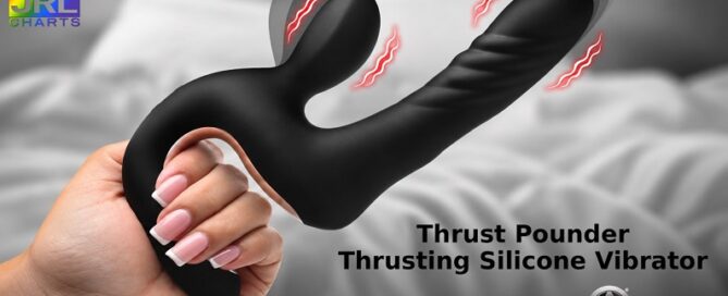XR Brands Master Series Thrust Pounder Thrusting Silicone Vibrator in black premium silicone with automatic thrusting technology for adult wellness retailers.
