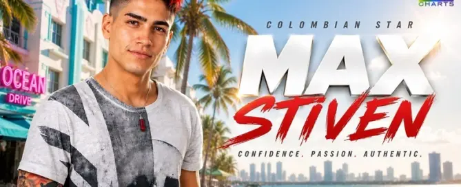 Official trailer thumbnail featuring Colombian performer Max Stiven for his latest BadPuppy exclusive, highlighted by JRL CHARTS Gay News.