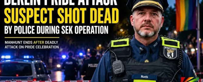 Berlin Police officer delivers an update after authorities confirmed the suspect in the deadly Berlin Pride attack was shot dead during an SEK operation in Spandau.