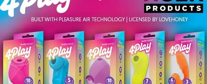 Bodywand® 4Play Collection by XGEN Products showcasing five Pleasure Air Technology personal wellness devices for specialty retail.