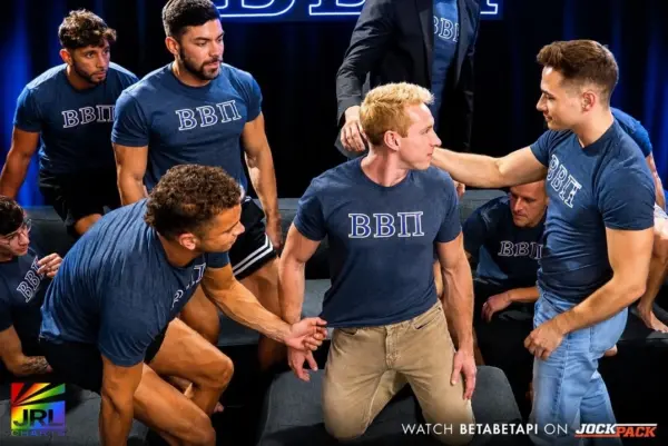 Cast promotional image from Betabetapi's Brotherhood Pledge Grayson Vol. 1 featuring Grayson Cole and fellow performers from the latest fraternity-themed production.