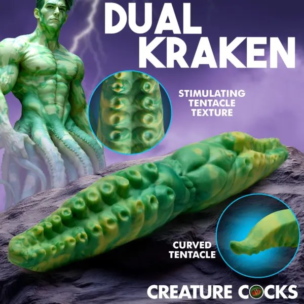 Dual Kraken Silicone Double Dildo showcasing tentacle texture and curved fantasy design by XR Brands.