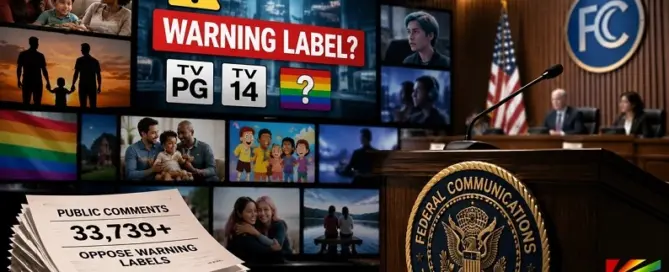 Hollywood-style illustration depicting an FCC hearing on proposed LGBTQ television warning labels, featuring television ratings, public comments, and media regulation.