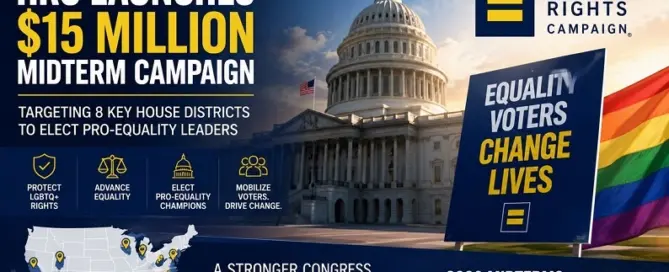 Graphic illustrating the Human Rights Campaign's $15 million midterm election initiative promoting LGBTQ+ equality, voter engagement, and pro-equality congressional candidates in the 2026 elections.