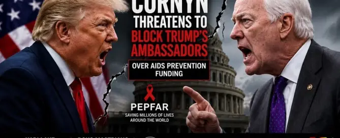 Editorial illustration depicting Senator John Cornyn and President Donald Trump in a political confrontation over PEPFAR HIV/AIDS funding and ambassador nominations.