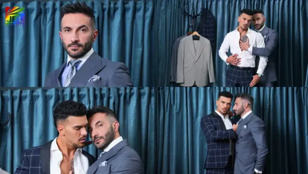 Screen clips from MENatPLAY's Fitting Room featuring Johnny Viper and Pol Prince in stylish tailored suits during key scenes from the fashion-inspired production.