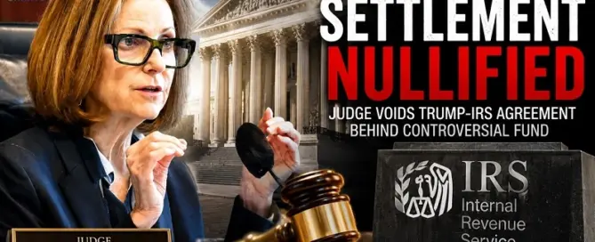 U.S. District Judge Kathleen M. Williams appears in a breaking news graphic after nullifying the controversial Trump-IRS settlement tied to the proposed Anti-Weaponization Fund.