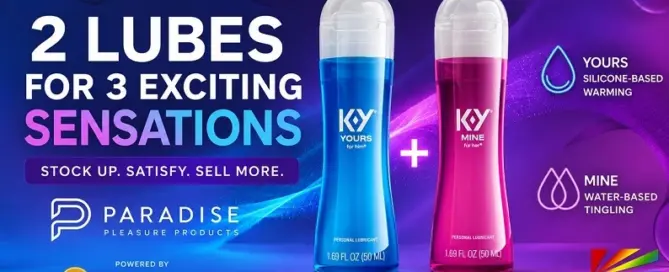 K-Y Yours + Mine Couples Lubricants from Paradise Pleasure Products available through Eldorado for adult retailers.