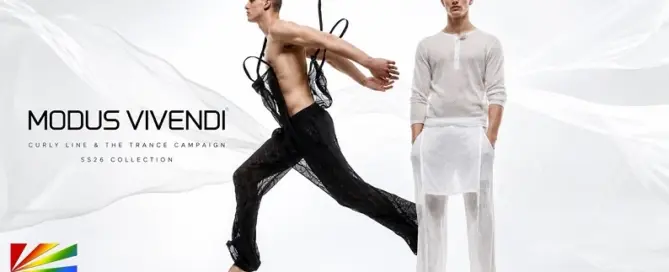 Two models showcase the MODUS VIVENDI Curly Line SS26 Collection in the cinematic Trance Campaign, featuring lightweight luxury menswear with fluid silhouettes and contemporary styling.