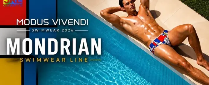 MODUS VIVENDI Mondrian Swimwear Line featuring luxury men's swimwear inspired by modern geometric art.