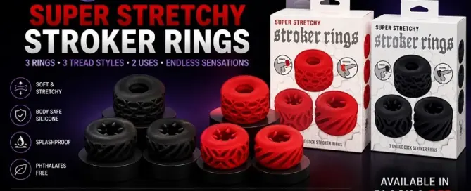 Nasstoys Super Stretchy Stroker Rings displayed with retail packaging in Black and Red color options for wholesale retailers.