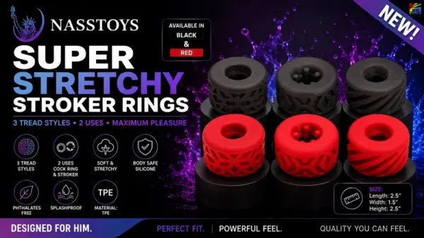 Black and Red Super Stretchy Stroker Rings from Nasstoys displayed in a premium product showcase highlighting all three textured designs.