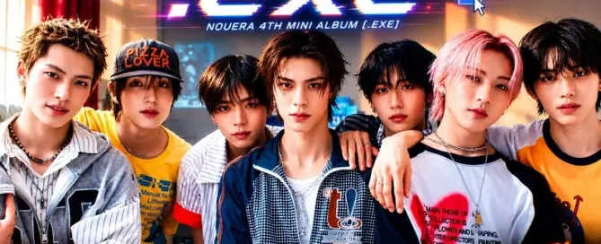NouerA members promote their fourth mini album [.exe] in a cinematic promotional image featuring the '.exe' title and the group's official logo.